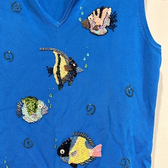 Vintage sweaterworks 90s rib knit sequin fish under the sea blue tank top large - Picture 3 of 6